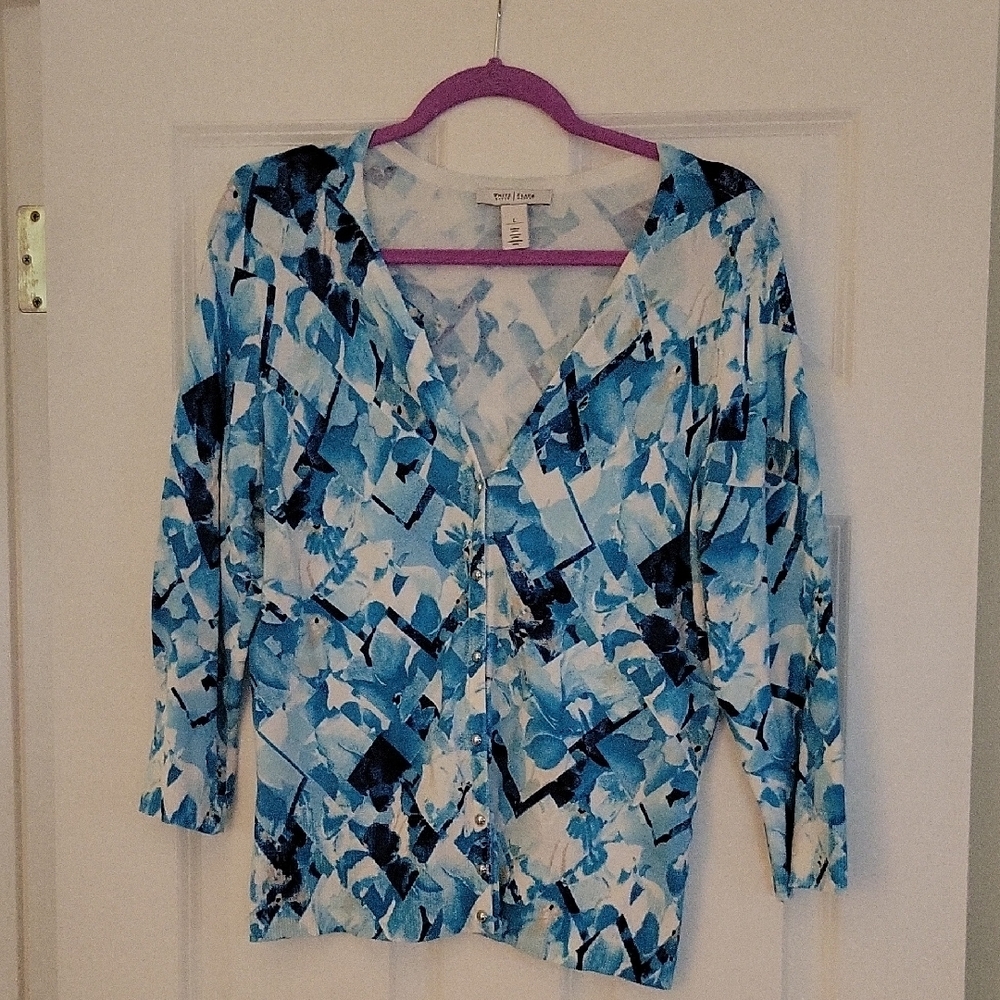 Blue and White Abstract Cardigan